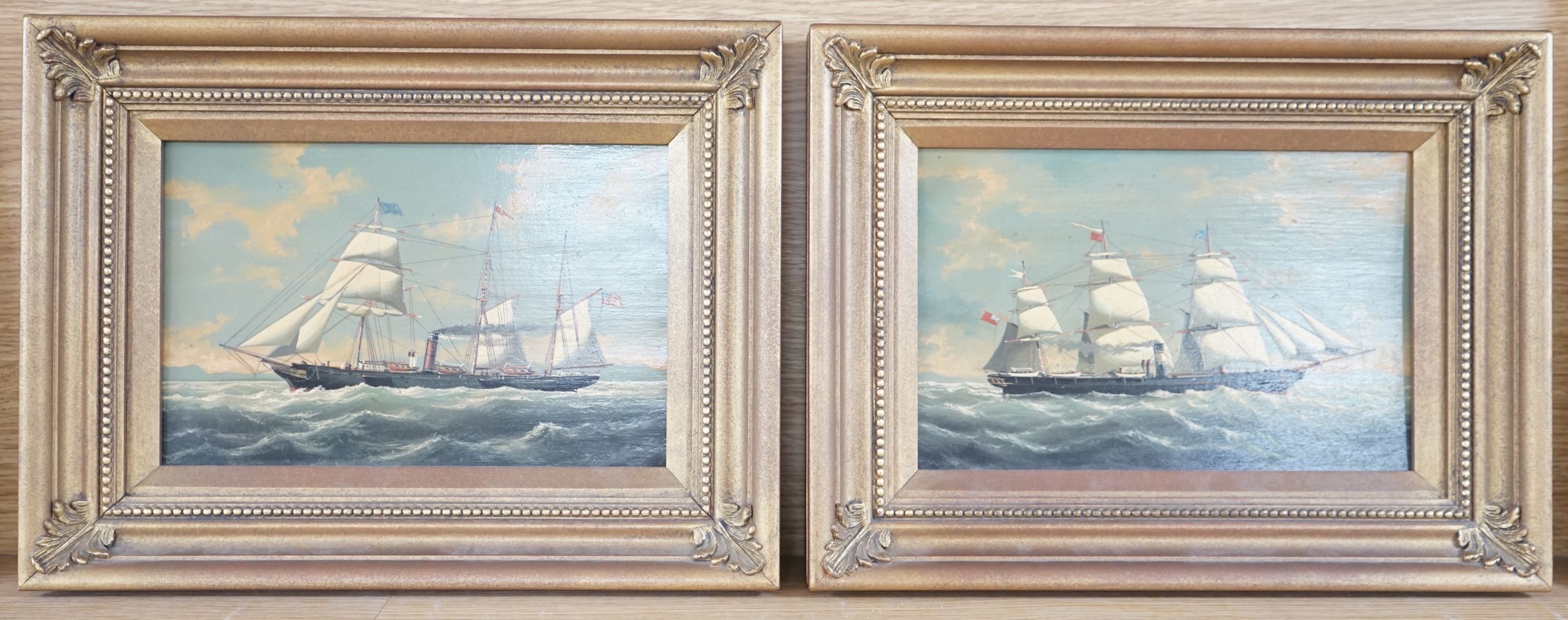 A pair of modern oils on panel of American and English steam and sail ships at sea, 17 x 26cm